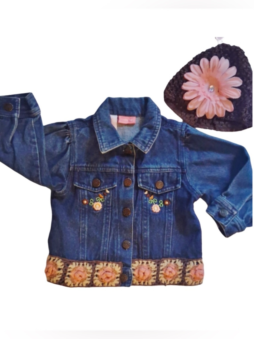 Crochet Trimmed Blue Denim Jacket & Skull Cap Sz 18mo